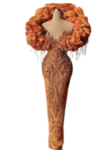 Orange Embellished Gown with Dramatic Ruffled Collar