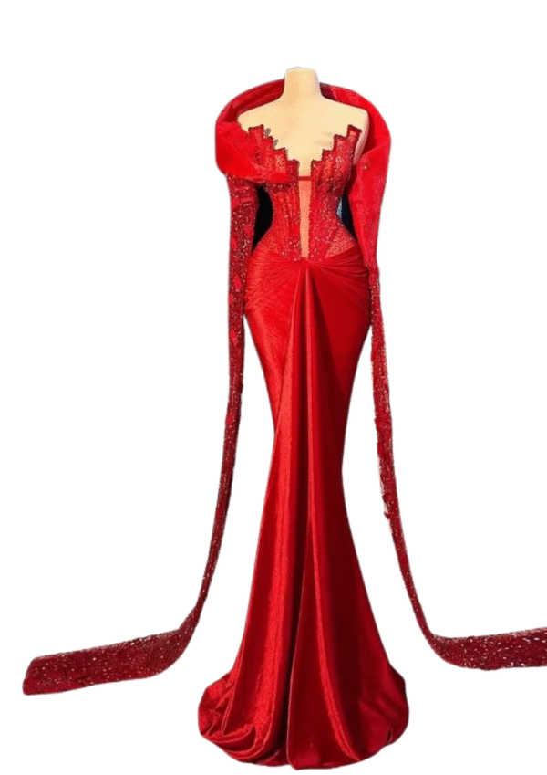 Red Structured Gown with Dramatic Draped Sleeves