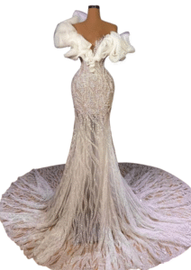 Ivory Illusion Mermaid Gown with Organza Ruffle Shoulders