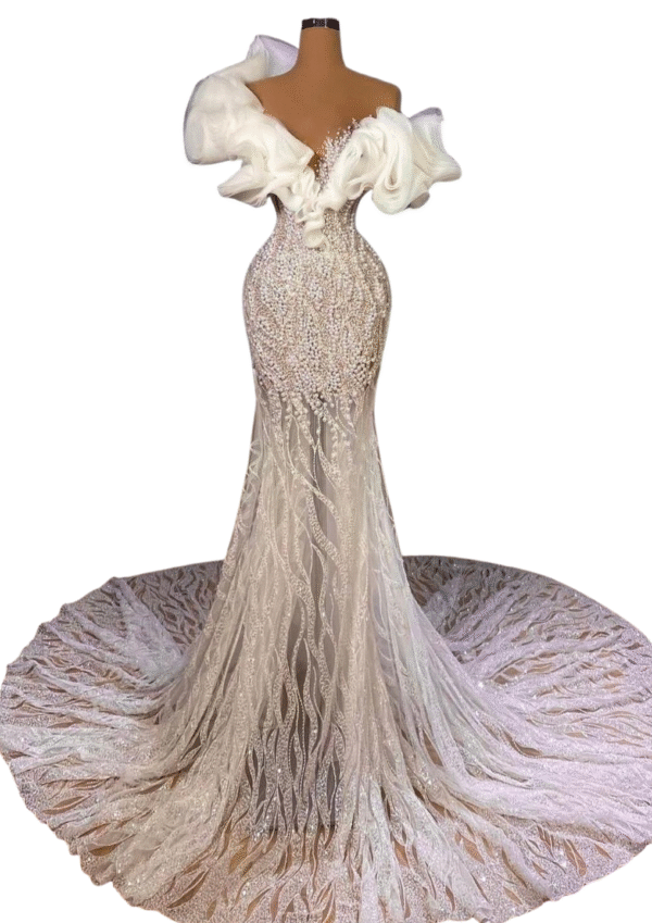 Ivory Illusion Mermaid Gown with Organza Ruffle Shoulders