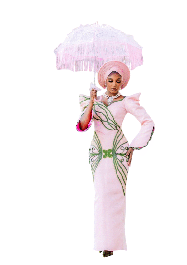 Elegant Aso-Ebi Gown with Embellishments & Matching Headwrap