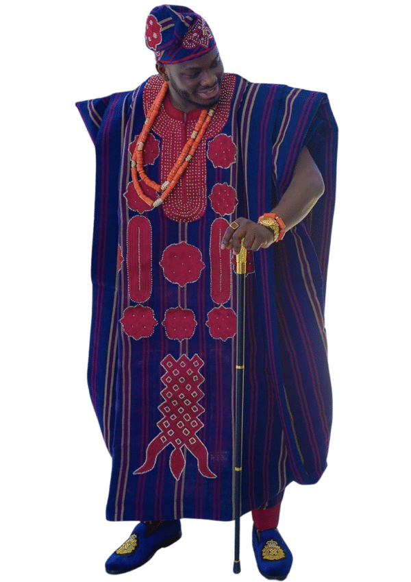 Regal Agbada Set in Stripes with Embroidered Detailing and Cap