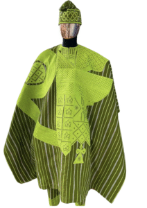 Regal Striped Agbada with Intricate Embroidery and Matching Cap