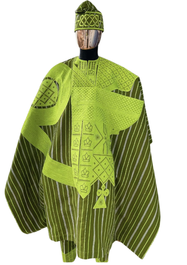 Regal Striped Agbada with Intricate Embroidery and Matching Cap