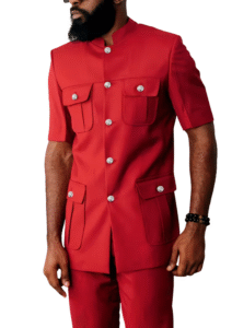 Bold Men’s Short-Sleeve Traditional Outfit with Silver Buttons