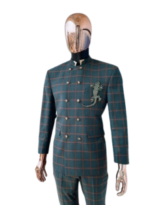 Checkered Mandarin Collar Double-Breasted Men’s Suit with Embroidered Gecko Detail
