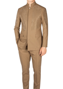 Elegant Mandarin Collar Men’s Suit with Crystal Embellishment