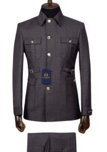 Classic Tailored Men’s Suit with Safari-Style Jacket, Golden Buttons & Multiple Pockets